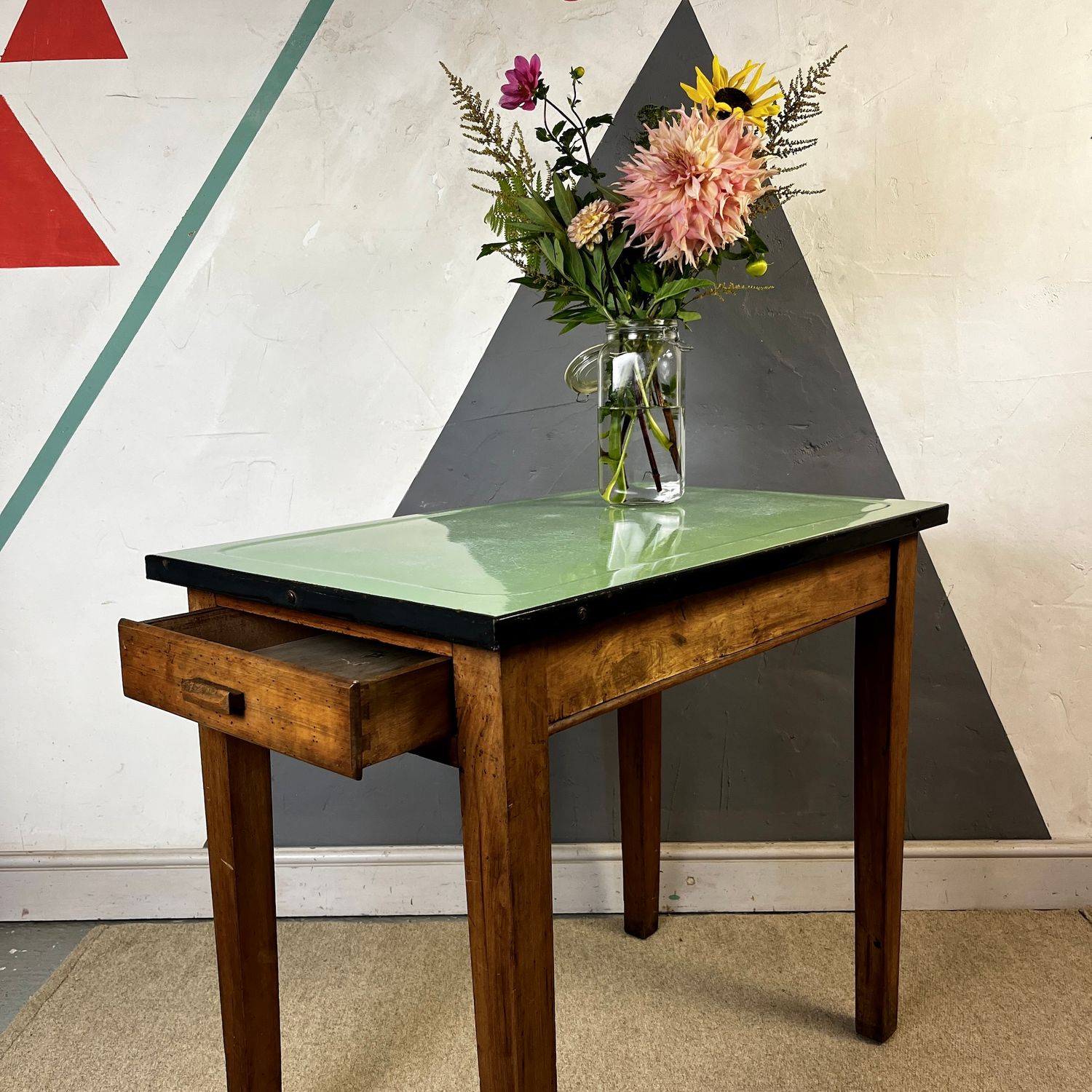 ​Vintage Green Enamel Painted Metal Top Kitchen Table
