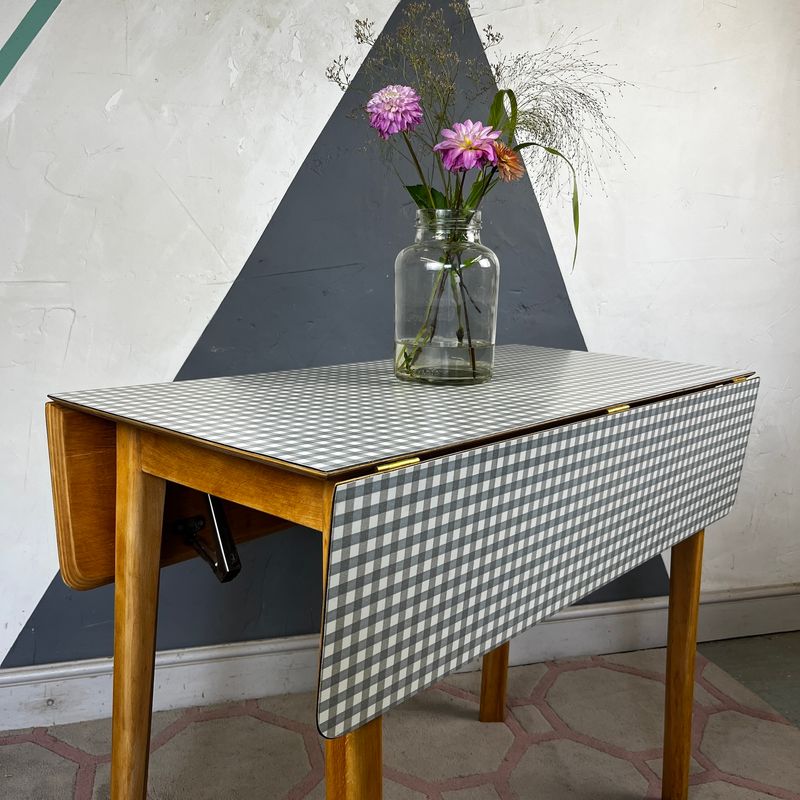 ​Mid Century Folding Formica Kitchen Table Check Gingham Grey