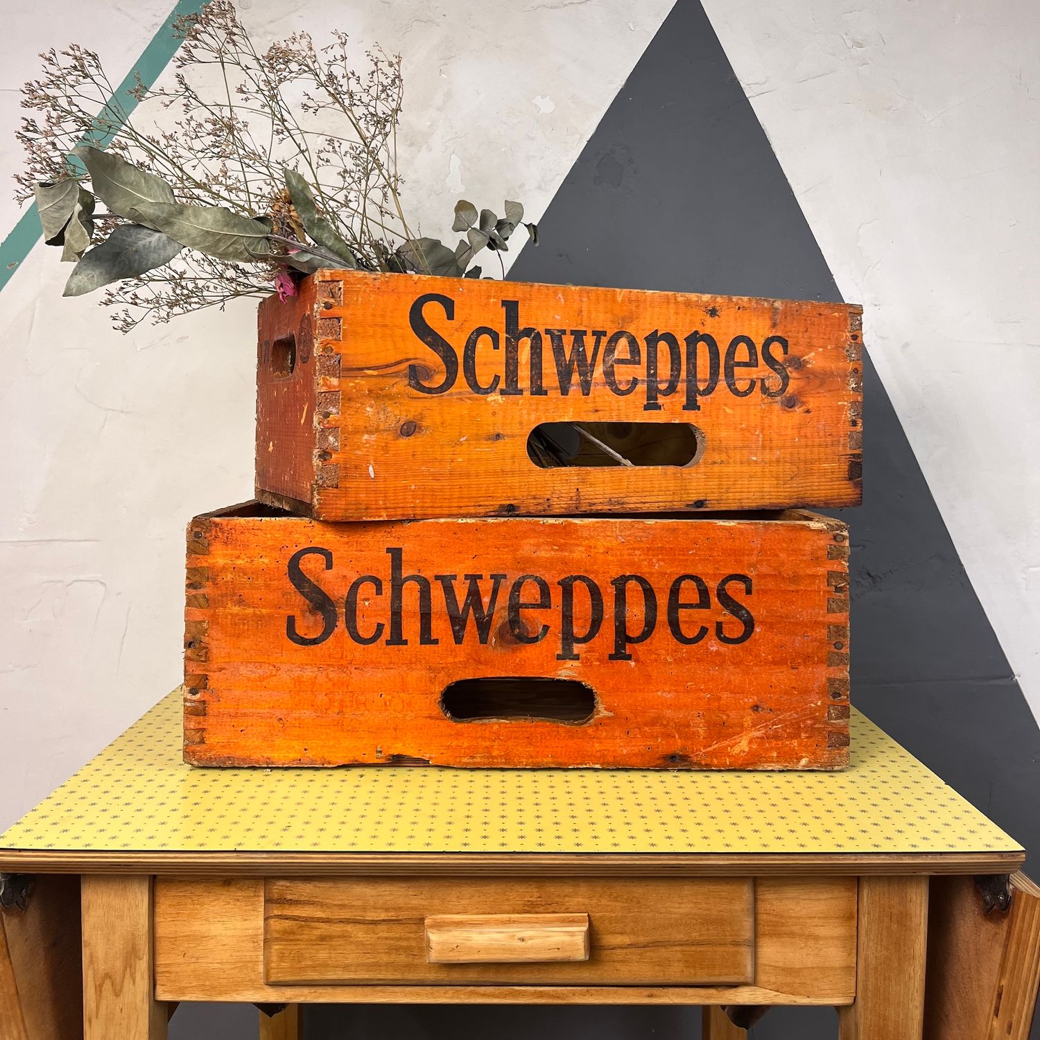 ​Schweppes Crate 1970s Vintage Orange Wooden Box