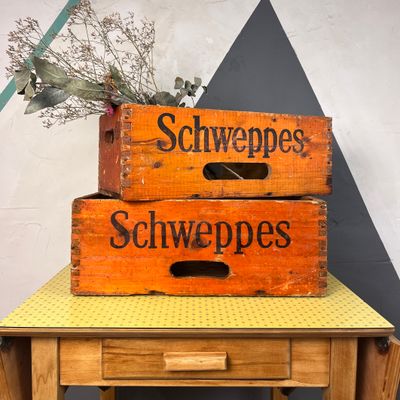 ​Schweppes Crate 1970s Vintage Orange Wooden Box