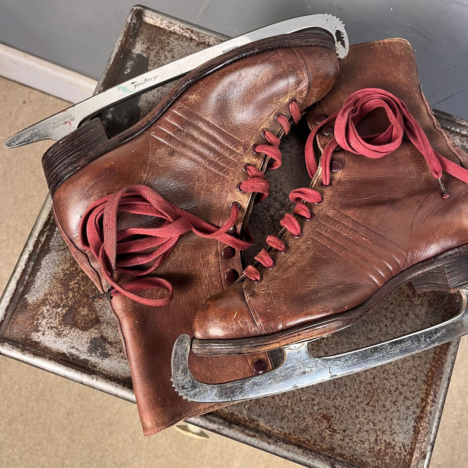 ​Vintage Leather Ice skates Brown Mid Century Antique Christmas Snow