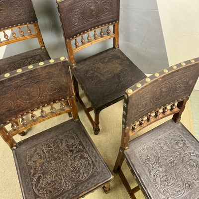 ​Antique Brown Leather Embossed Chairs Dining Set