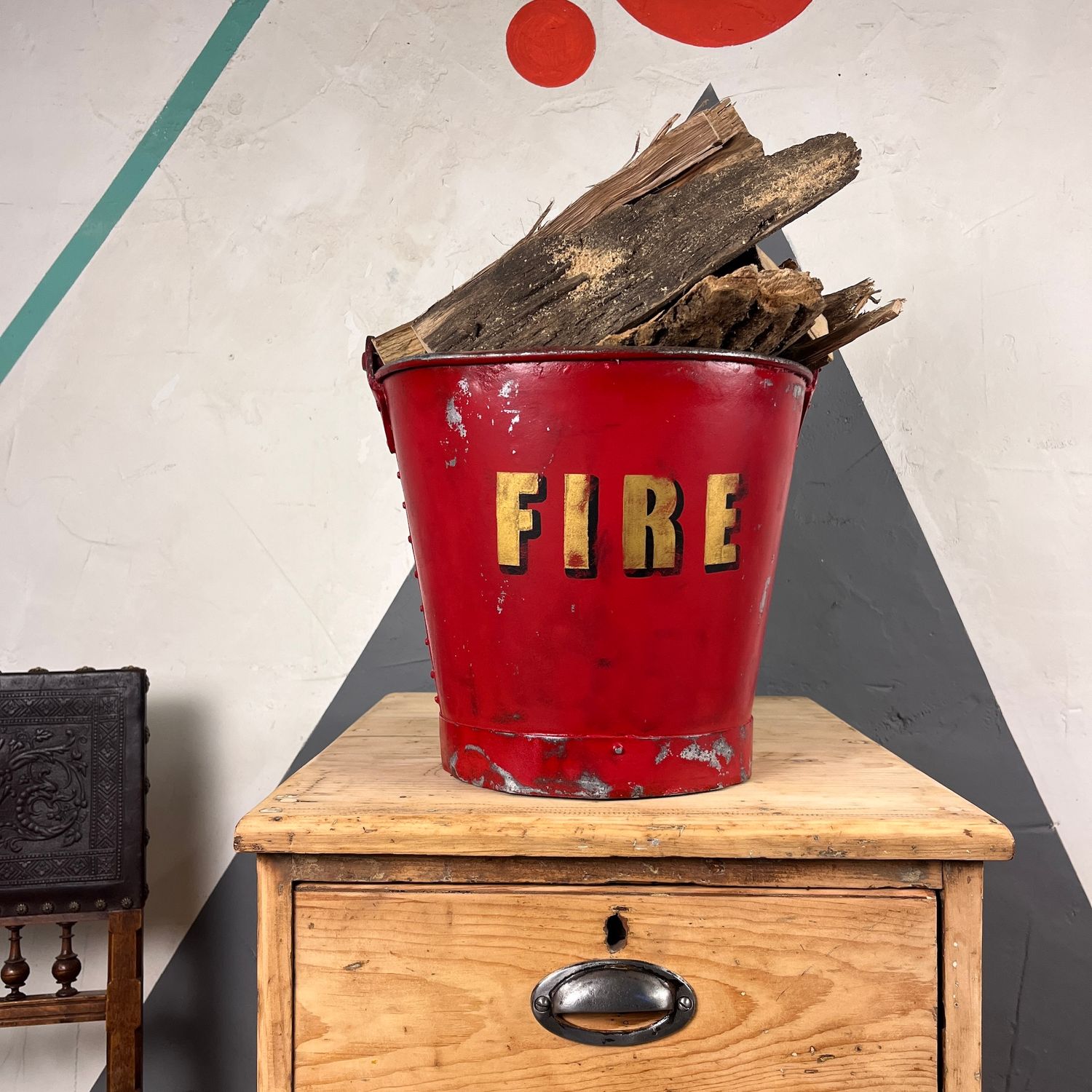 Antique Fire Bucket Hand Painted Galvanised Metal Red