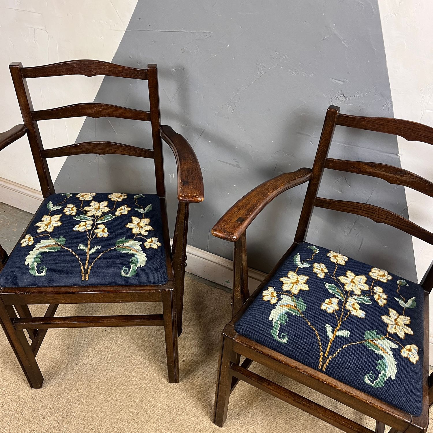 ​Ercol Oak 1950s Dining Arm Chairs Pair Tapestry Seat Blue Flowers