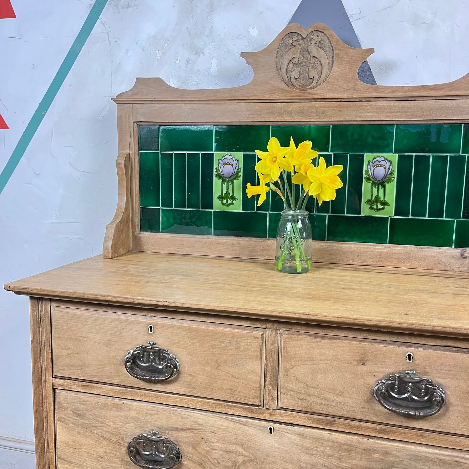 ​Pine Art Nouveau Green Tiled Washstand Sink Vanity Unit
