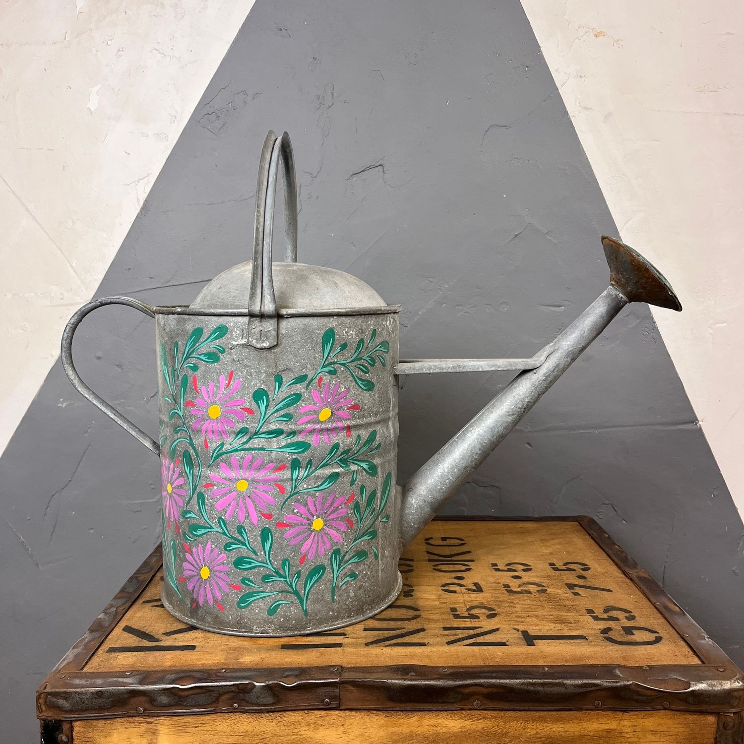 Floral Hand Painted Vintage Metal Watering Can Garden