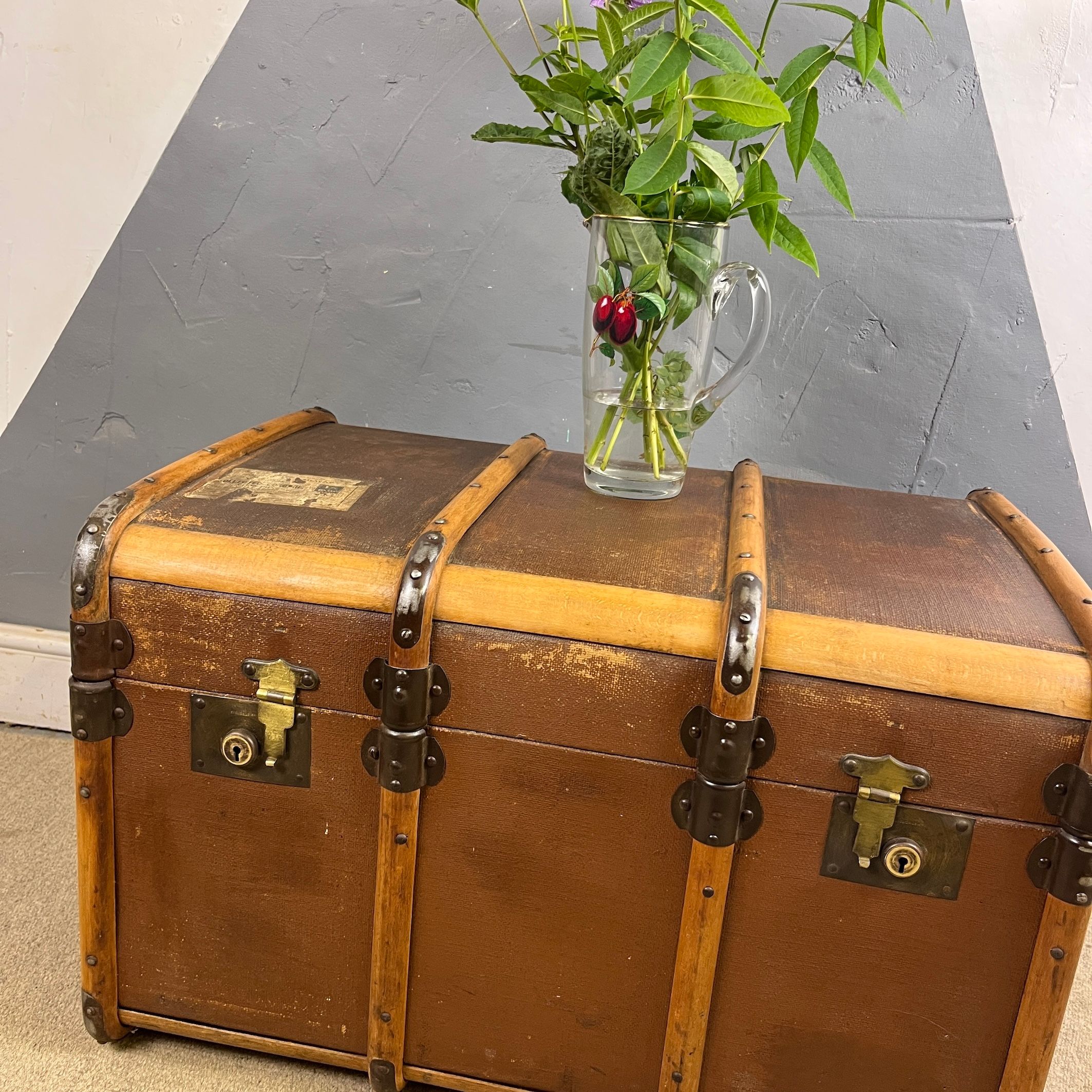 1920s Brown Steamer Trunk Chest Coffee Table Storage Box