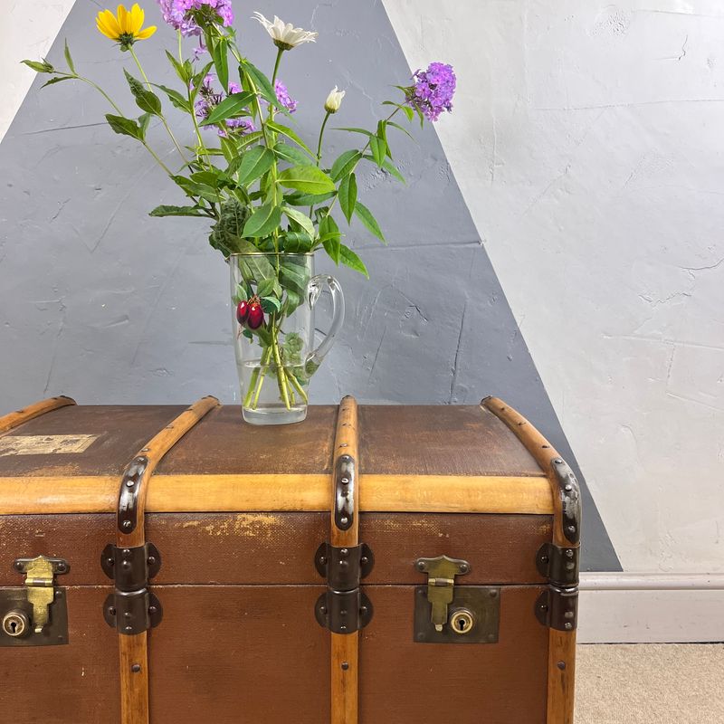 1920s Brown Steamer Trunk Chest Coffee Table Storage Box
