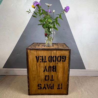 It pays to Buy Good Tea Vintage Tea Chest Trunk Box Crate Side Table