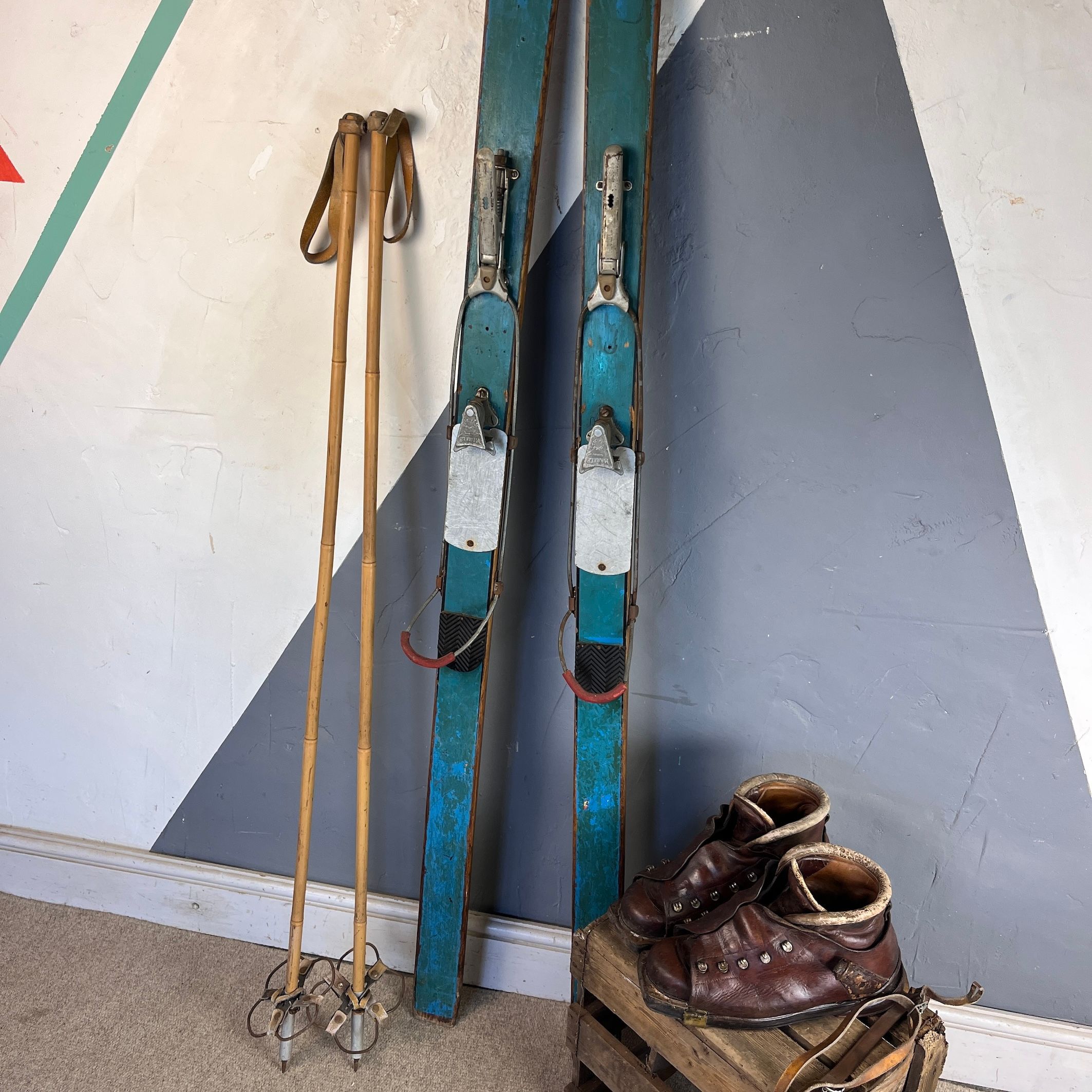 ​Antique Vintage Wooden Skis Bamboo Poles Boots Winter Snow Window Display