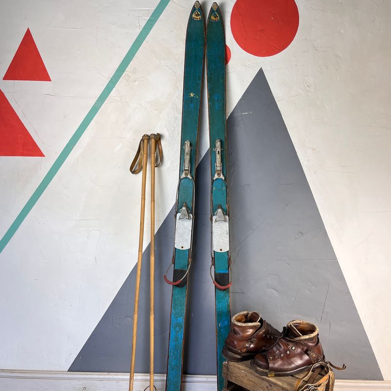 ​Antique Vintage Wooden Skis Bamboo Poles Boots Winter Snow Window Display