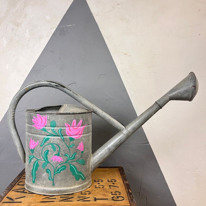 Floral Hand Painted Vintage Metal Watering Can Garden