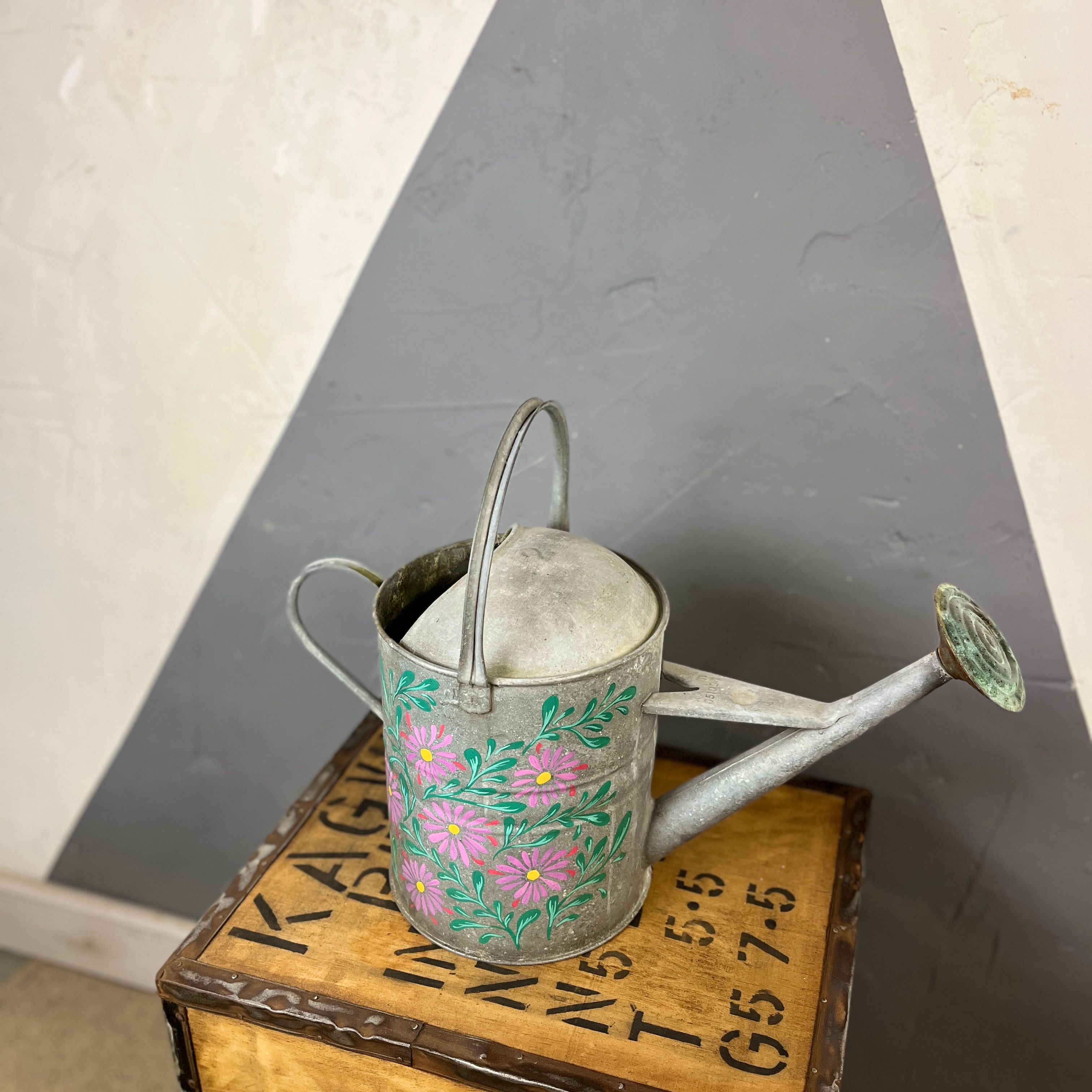 Floral Hand Painted Vintage Metal Watering Can Garden