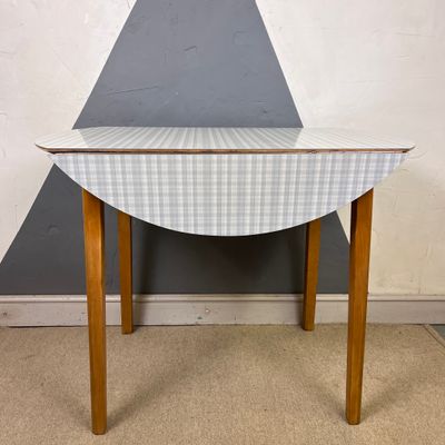 ​Mid Century  Formica Kitchen Dining Table Round Blue White Check