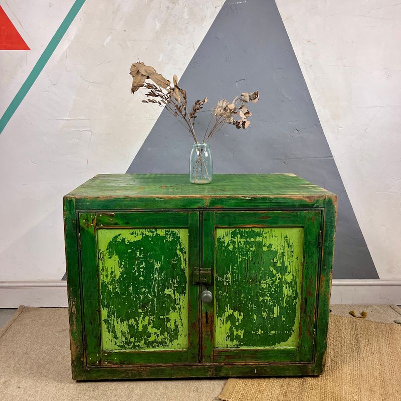 ​Rustic Vintage Pine Green Cupboard Storage Cabinet