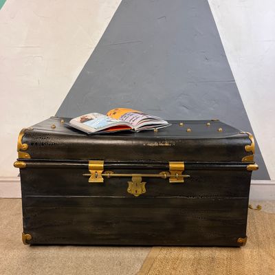 1930s Antique Black Chest Trunk Pirate Storage Box