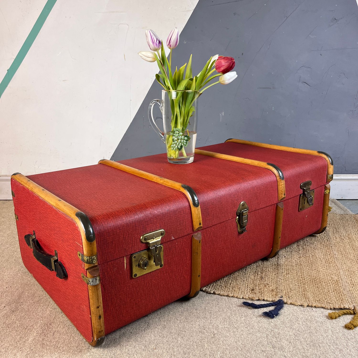​Vintage 1920s Red Trunk Chest Coffee Table Travel Storage Box