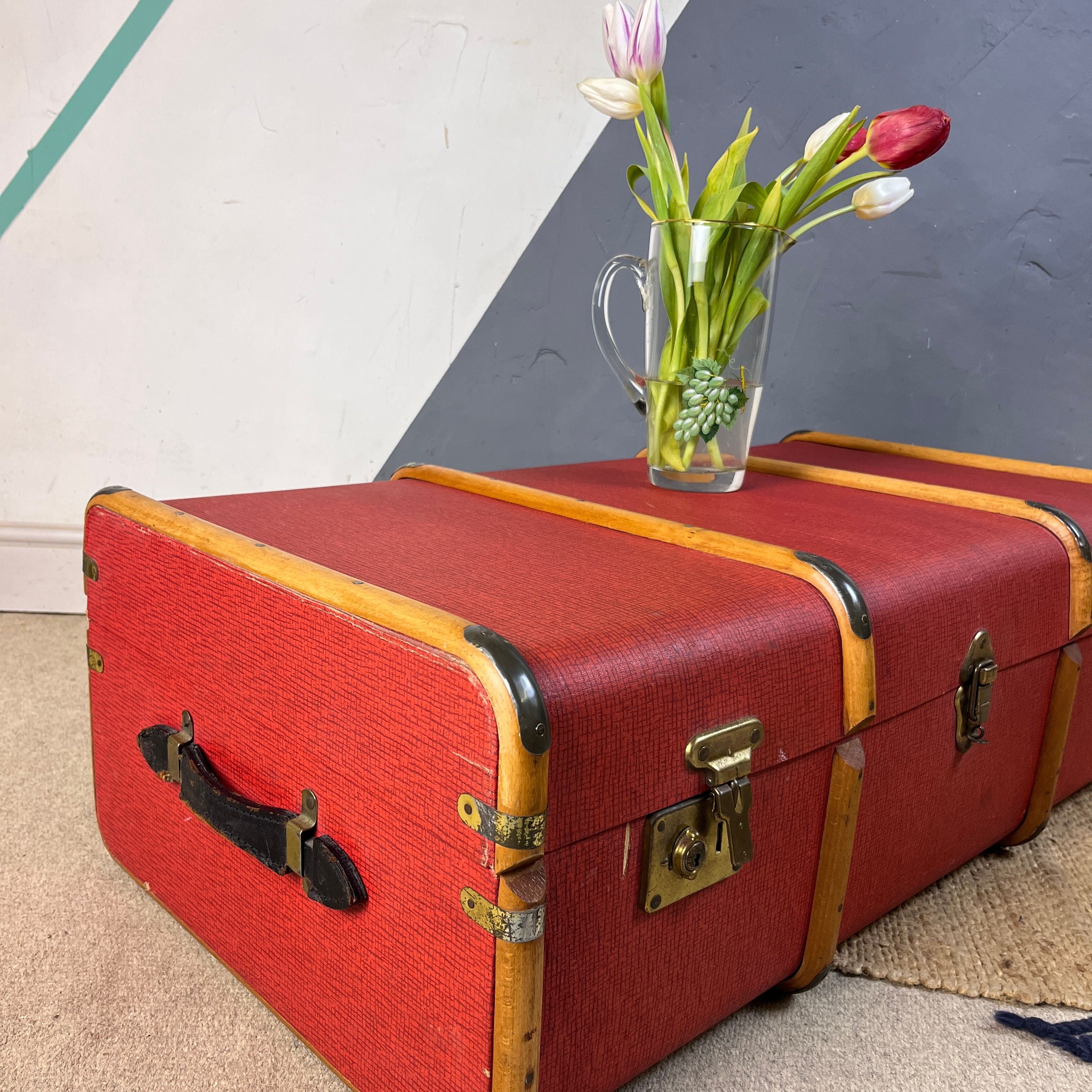 ​Vintage 1920s Red Trunk Chest Coffee Table Travel Storage Box