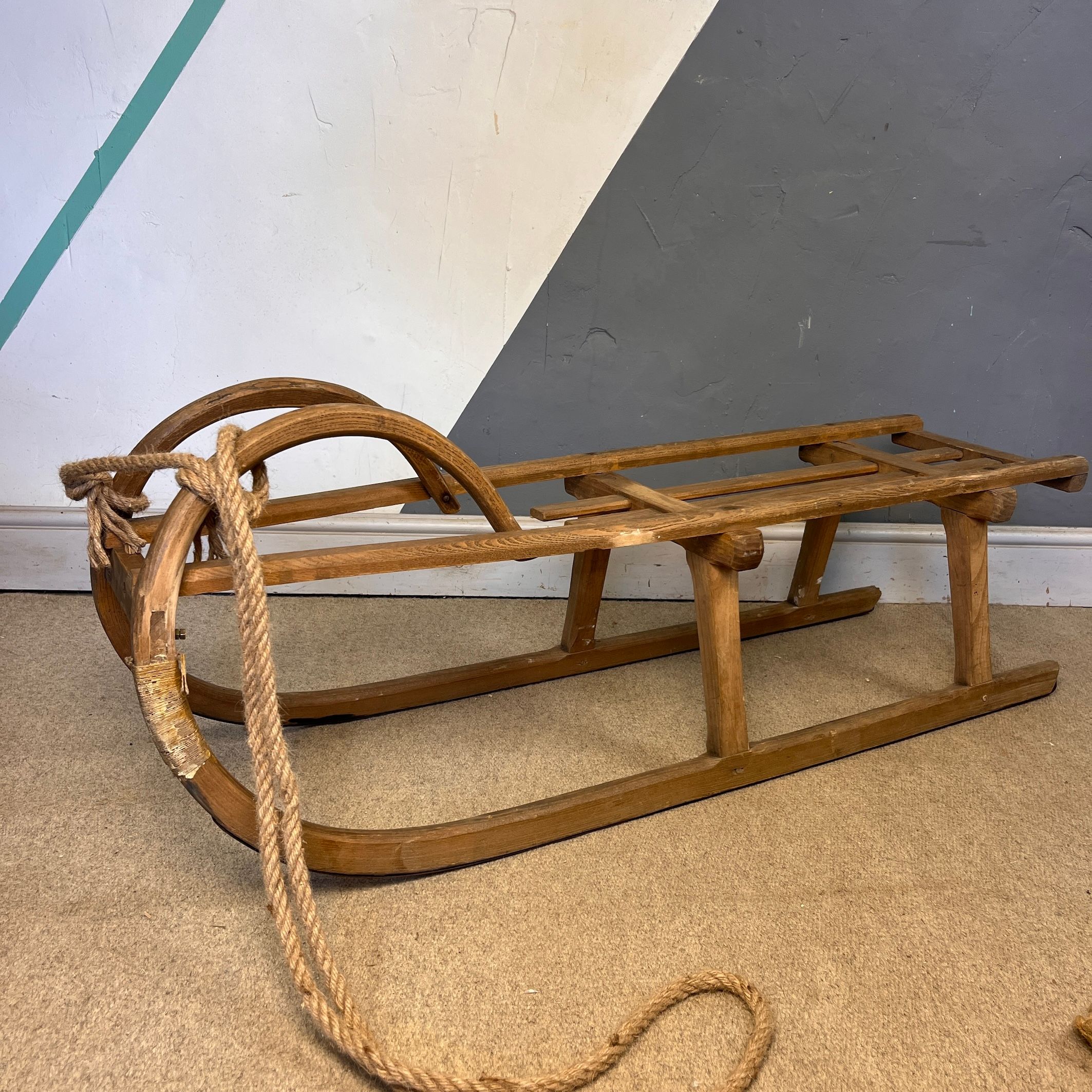 Vintage Horned Wooden Sledge Antique Snow Curly Christmas