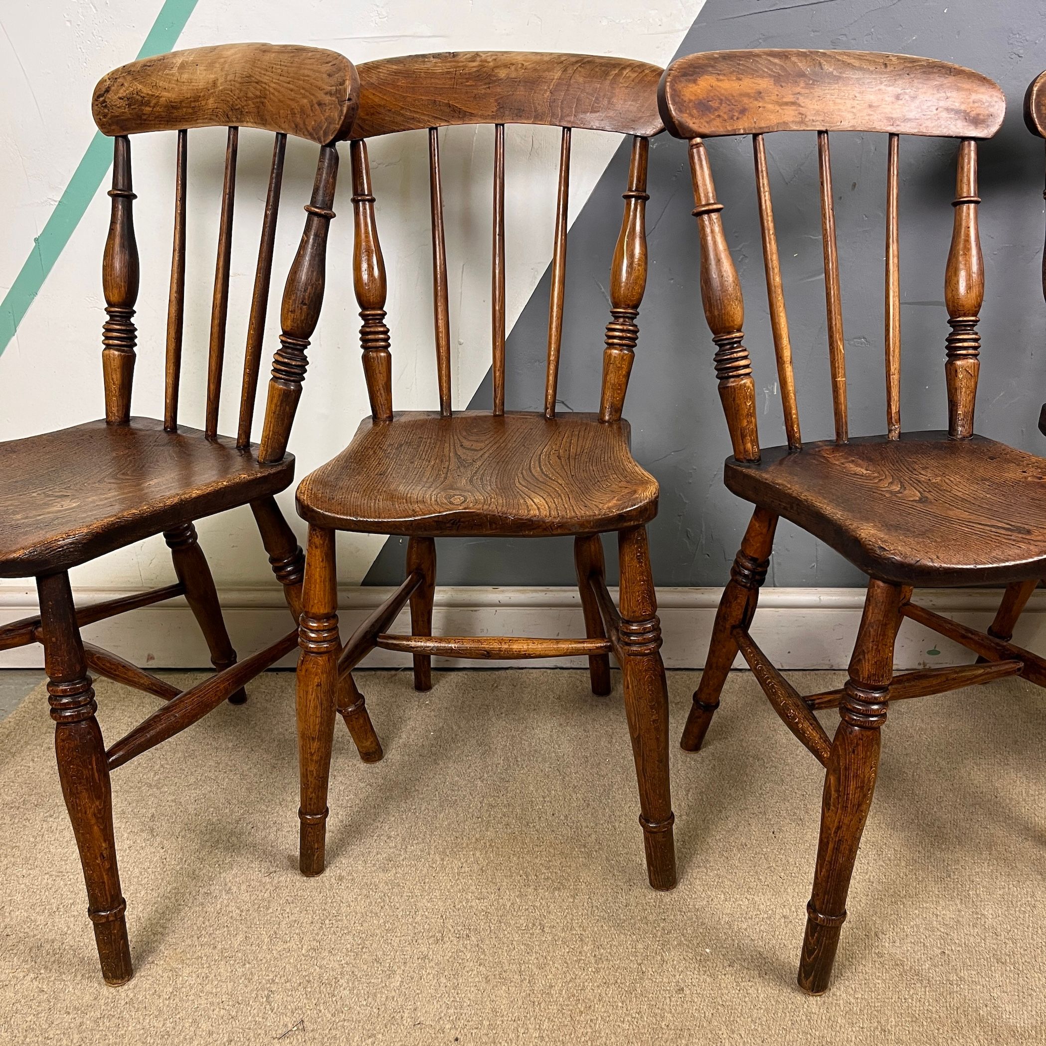 Antique Elm Victorian Kitchen Dining Chairs Set 4
