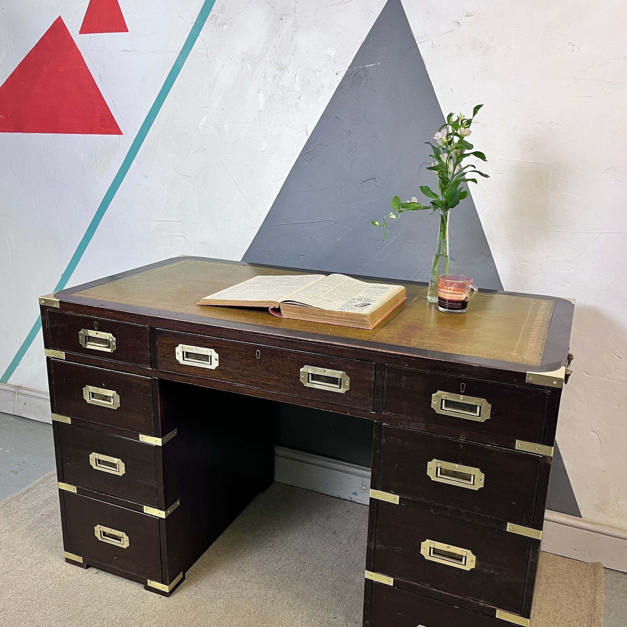 Campaign Style Mahogany Pedestal Desk