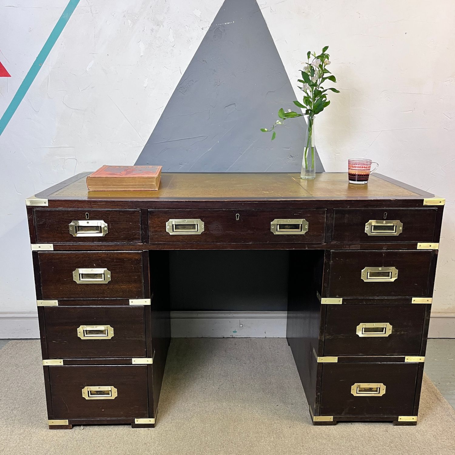 Campaign Style Mahogany Pedestal Desk