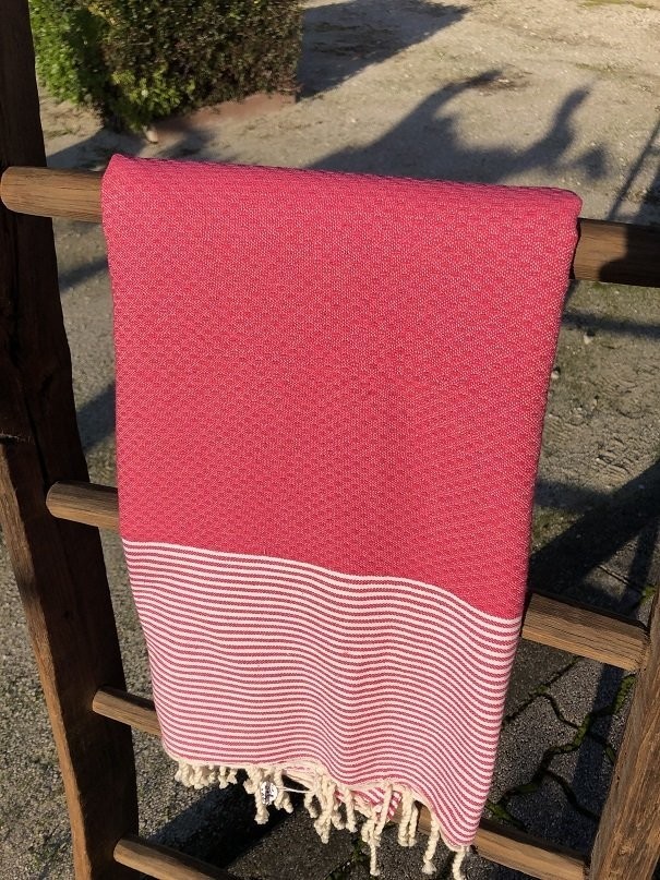 Fouta 100x200cm Nid d'Abeille  Rayures Fines  Rose