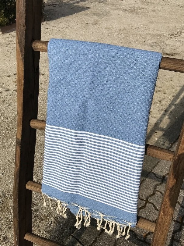 Fouta 100x200cm Nid d'Abeille  Rayures Fines  Bleu Jean