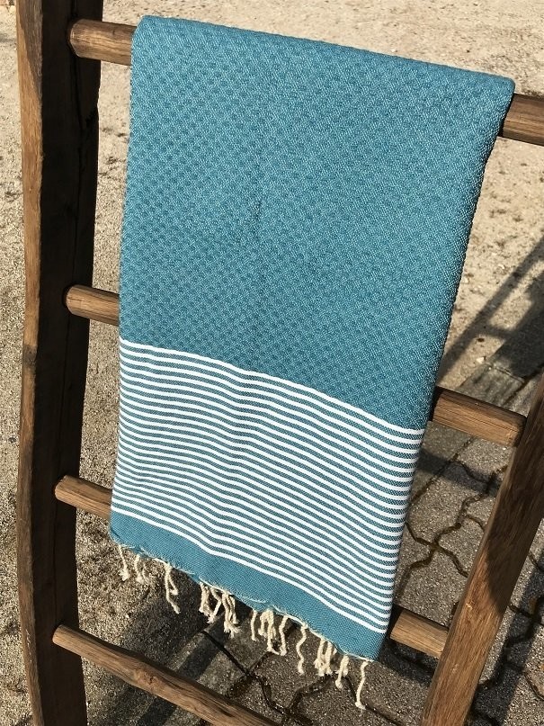 Fouta 100x200cm Nid d'Abeille  Rayures Fines  Bleu Océan