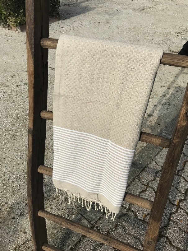 Fouta 100x200cm Nid d'Abeille  Rayures Fines Sable