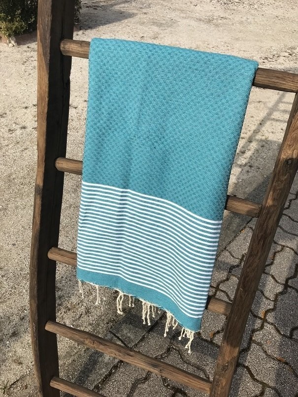 Fouta 100x200cm Nid d'Abeille  Rayures Fines Vert Lagon