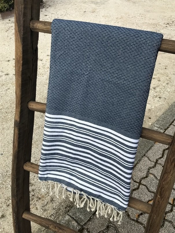 Fouta 100x200cm Nid d'Abeille  Rayures Fines  et Larges Bleu Jean