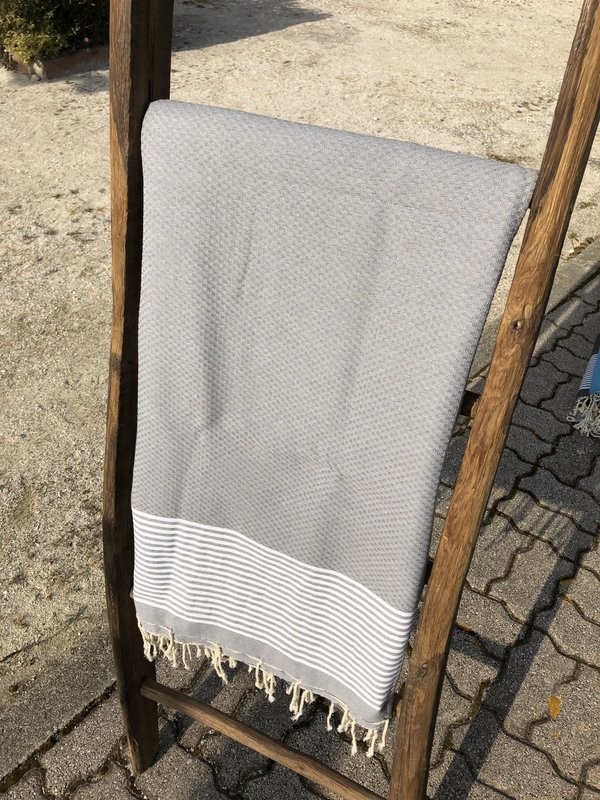 Fouta  200x200cm Nid d'Abeille Rayure Gris Clair