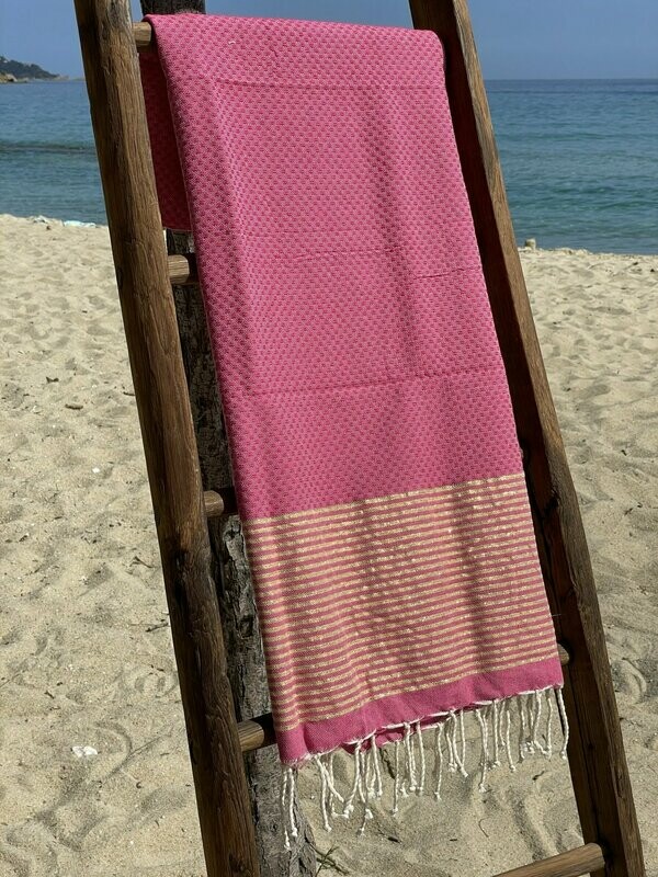 Fouta 100x200cm Nid d'Abeille Lurex Doré Fushia