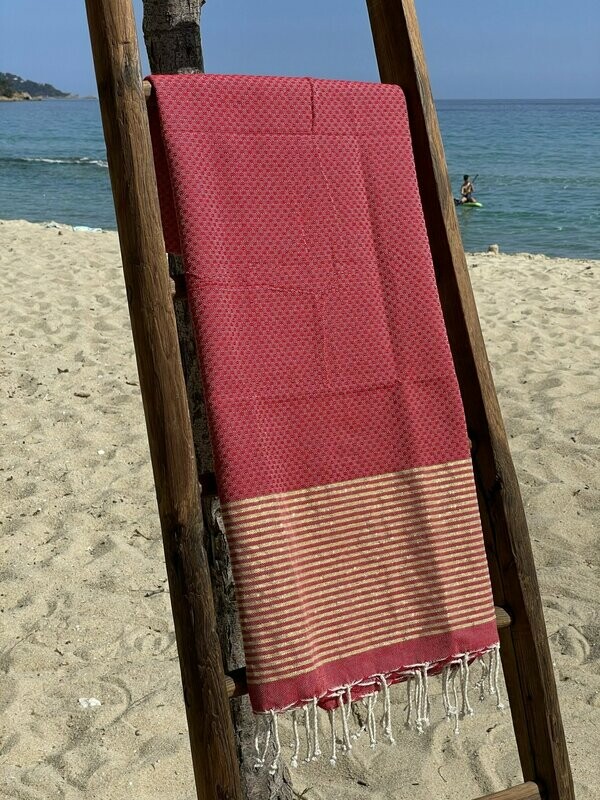 Fouta 100x200cm Nid d'Abeille Lurex Doré Rouge
