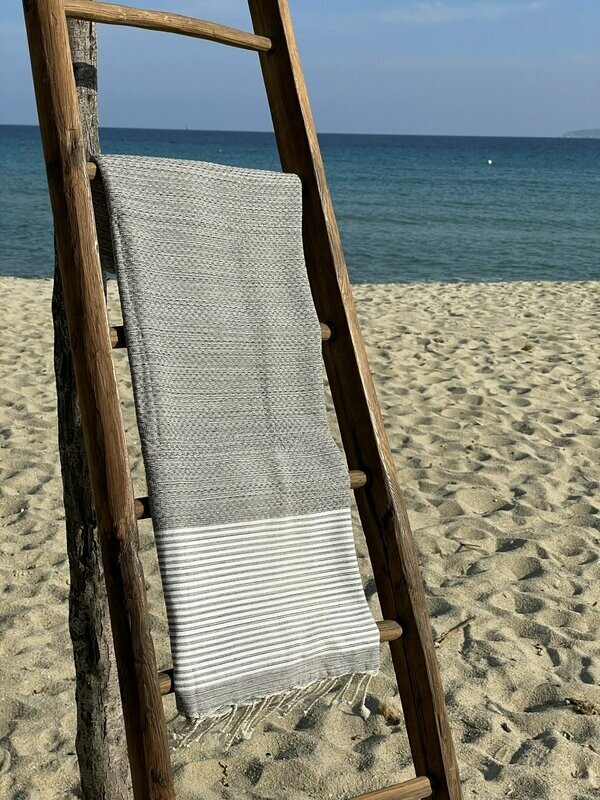 Fouta 100x200cm Nid d'Abeille  Rayures Fines  Gris Chiné