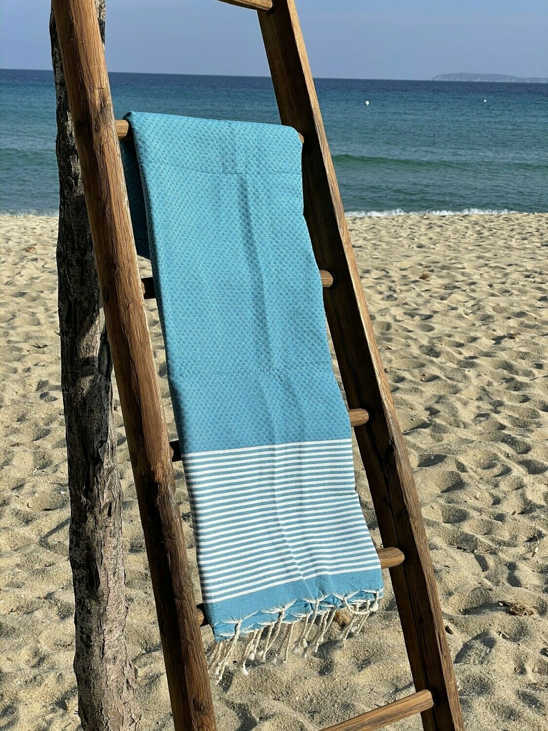 Fouta 100x200cm Nid d'Abeille  Rayures Fines Turquoise