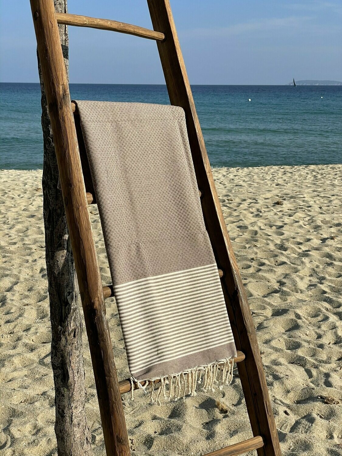 Fouta 100x200cm Nid d'Abeille  Rayures Fines  Taupe