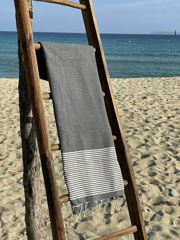 Fouta 100x200cm Nid d'Abeille  Rayures Fines Gris Foncé