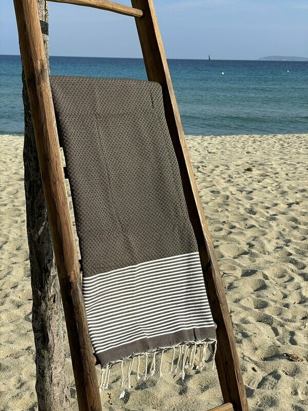 Fouta 100x200cm Nid d'Abeille  Rayures Fines  Chocolat