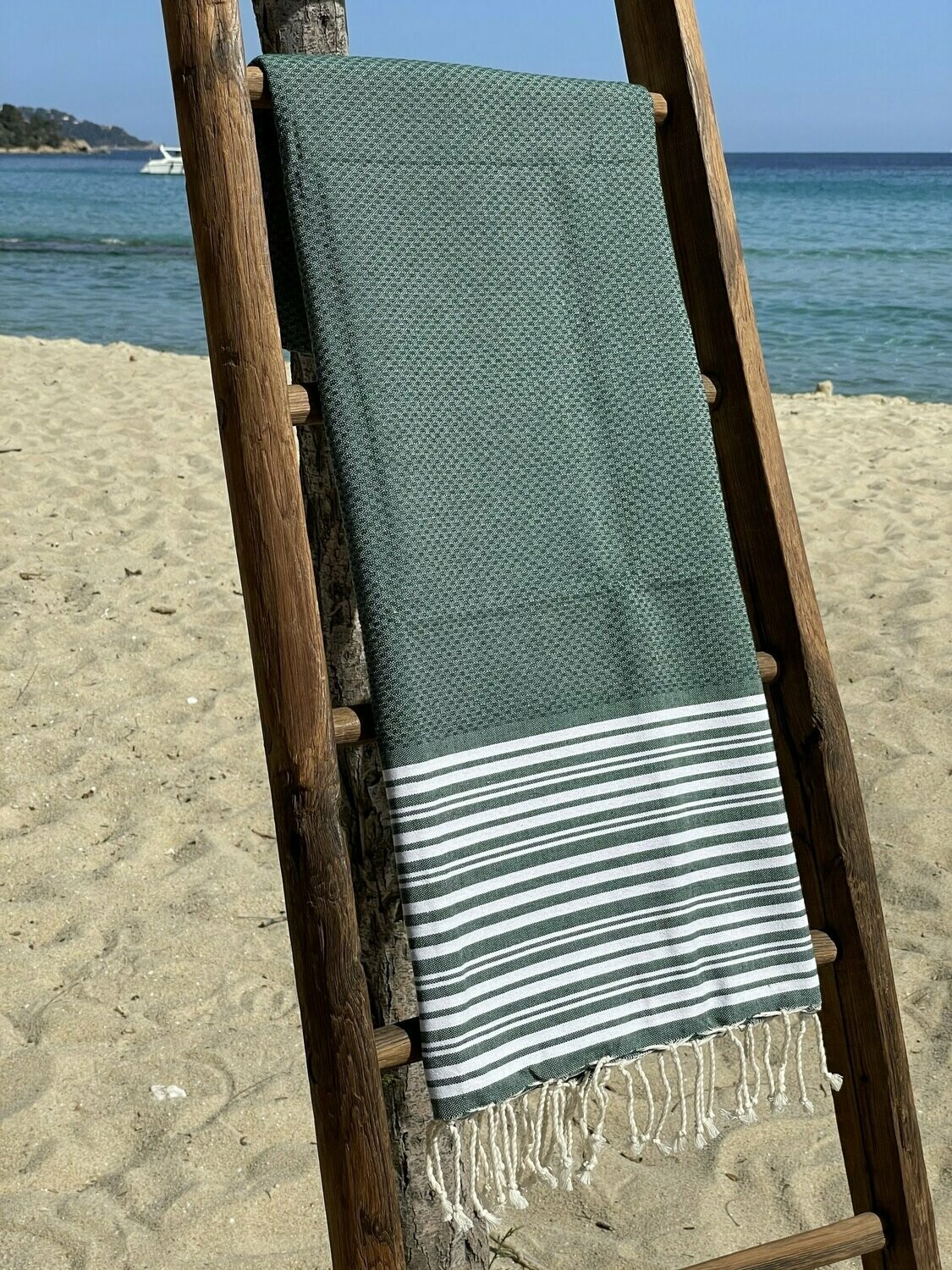 Fouta 100x200cm Nid d'Abeille  Rayures Fines  et Larges Vert Bouteille