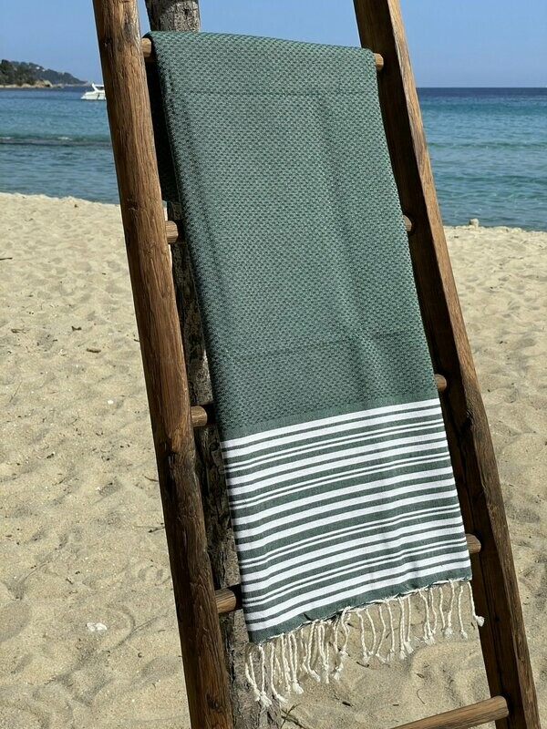 Fouta 100x200cm Nid d'Abeille  Rayures Fines  et Larges Vert Bouteille