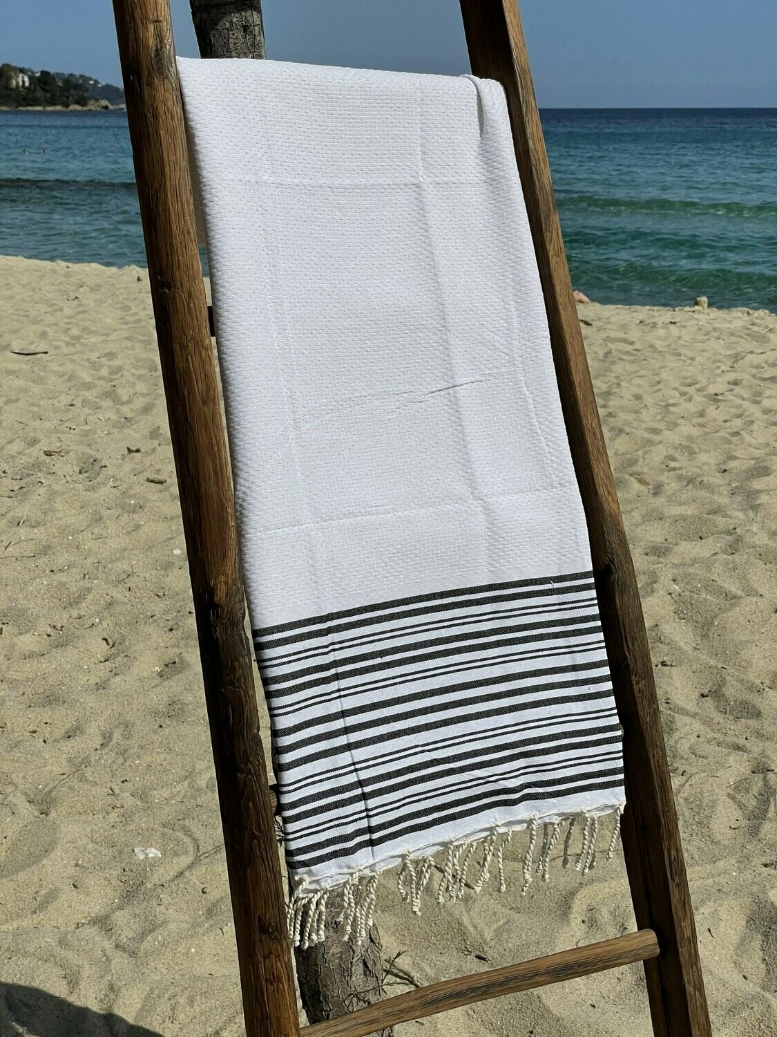 Fouta 100x200cm Nid d'Abeille  Rayures Fines  et Larges Blanche