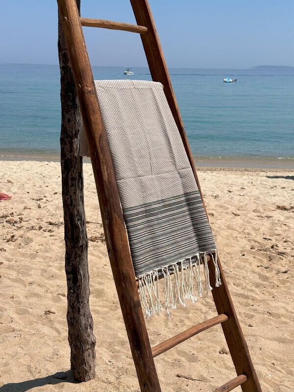 Fouta 100x200cm Nid d'Abeille  Rayures Fines  et Larges Taupe/Noire