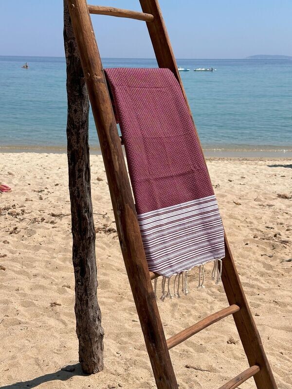 Fouta 100x200cm Nid d'Abeille  Rayures Fines  et Larges Bordeaux