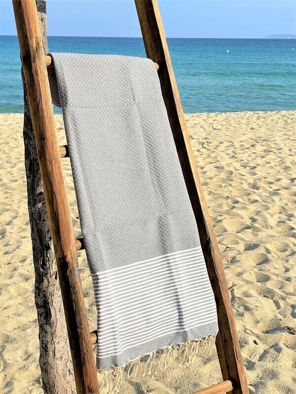 Fouta 100x200cm Nid d'Abeille  Rayures Fines  Gris Clair