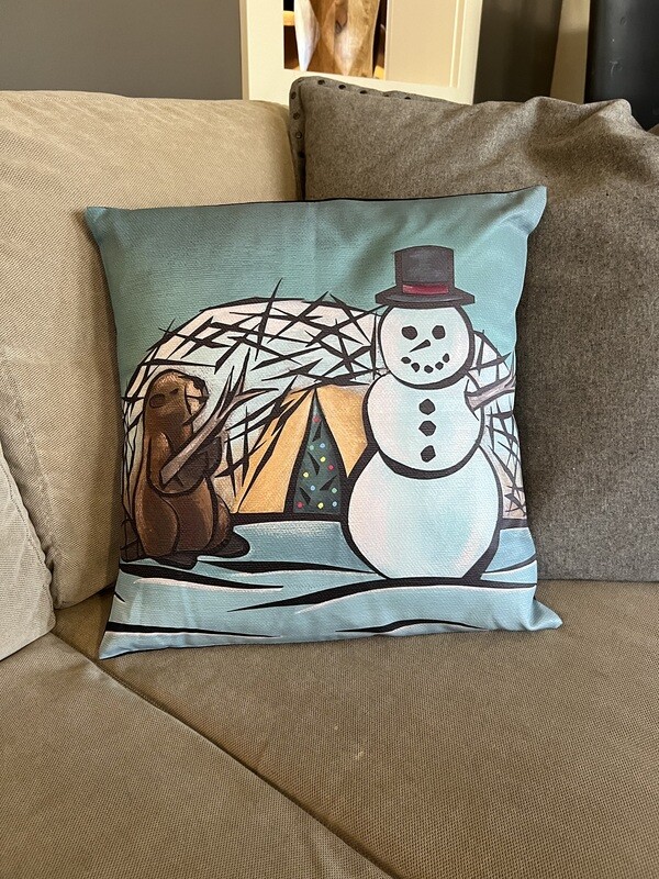Christmas Pillow - Beaver Building A Snowman