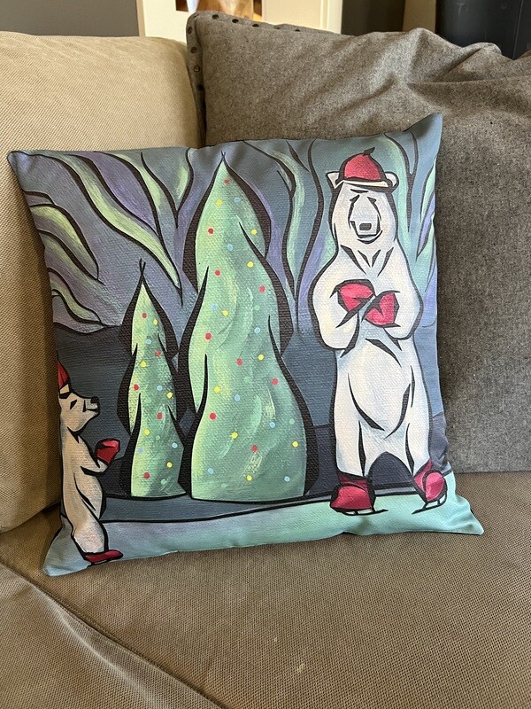 Christmas Pillow - Polar Bears Skating Under The Northern Lights