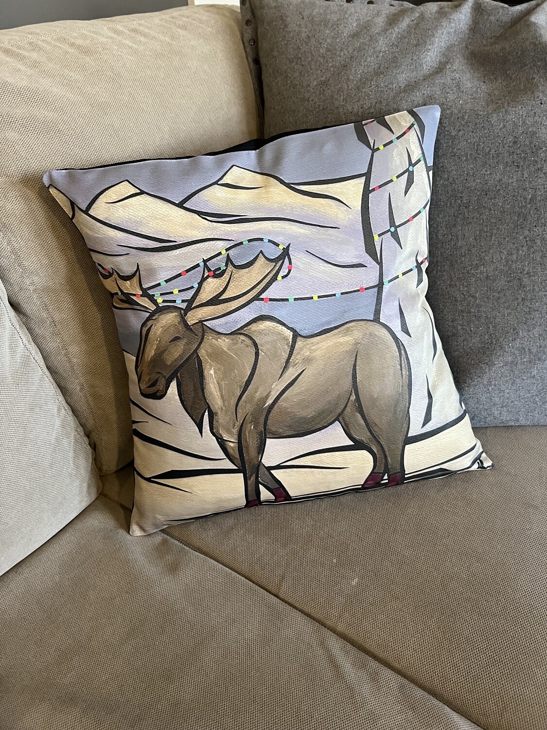 Christmas Pillow - Moose Skiing & Tangled In Christmas Lights