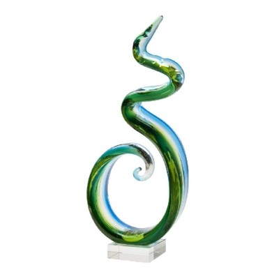 Glass Art Green and Blue Flame Sculpture by Zibo